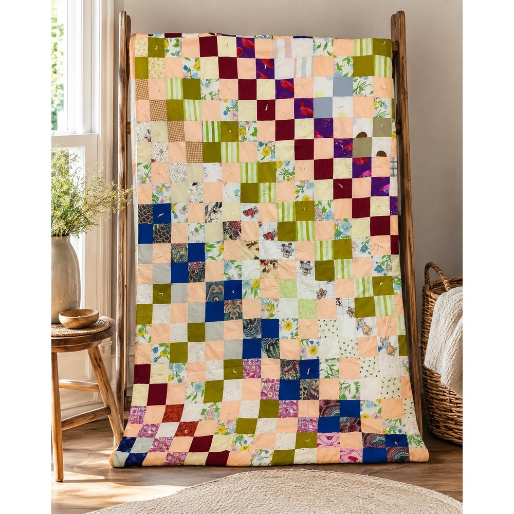 Vintage Handmade Patchwork Twin Topper Quilt Reversible Floral Cottagecore 48x74